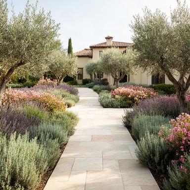 Residenza Villa Rosa con aiuole mediterranee e vialetto in pietra
