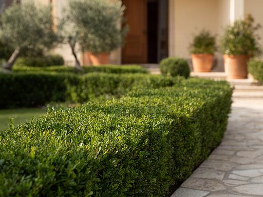 Siepe ornamentale appena potata lungo il vialetto di una casa nel Cilento