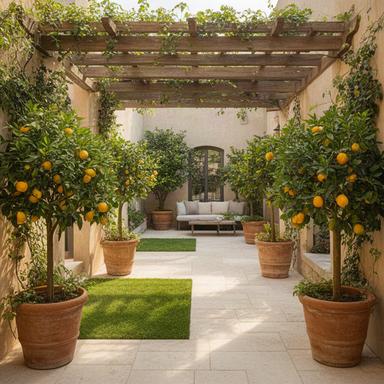Cortile di Casa Torretta con pergolato, agrumi e pavimentazione ordinata