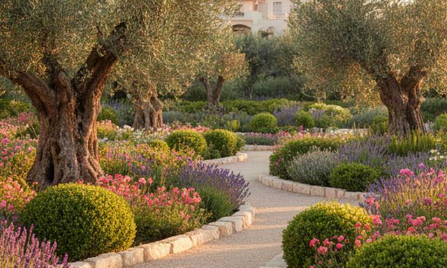 Giardino mediterraneo riqualificato con ulivi e aiuole fiorite ad Agropoli