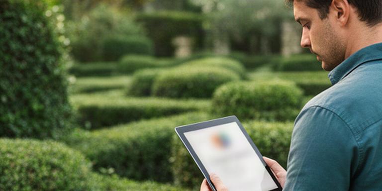 Giardiniere che consulta un tablet accanto a siepi curate in un giardino di Agropoli