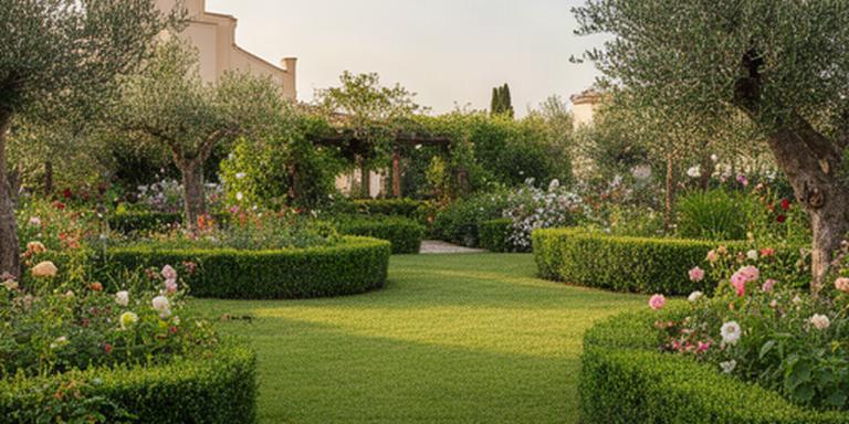 Giardino mediterraneo curato ad Agropoli con prato, siepi potate e piante stagionali